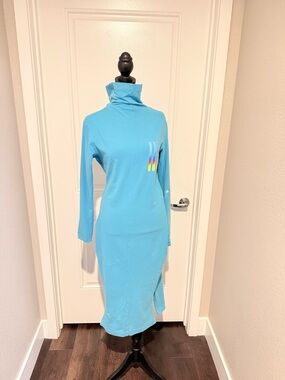 Adidas Blue Midi Dress Turtleneck Long Sleeve Bodycon Slit M